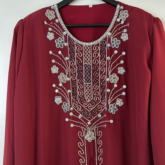 NWOT Maroon Abaya Kaftan Traditional Dress Ethnic Silver Floral Embroidery - Picture 1 of 10